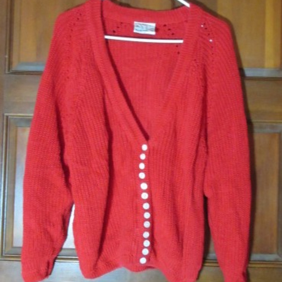 Red Knit V-Neck Cardigan Sweater by C.S.L. Medium - Picture 1 of 3